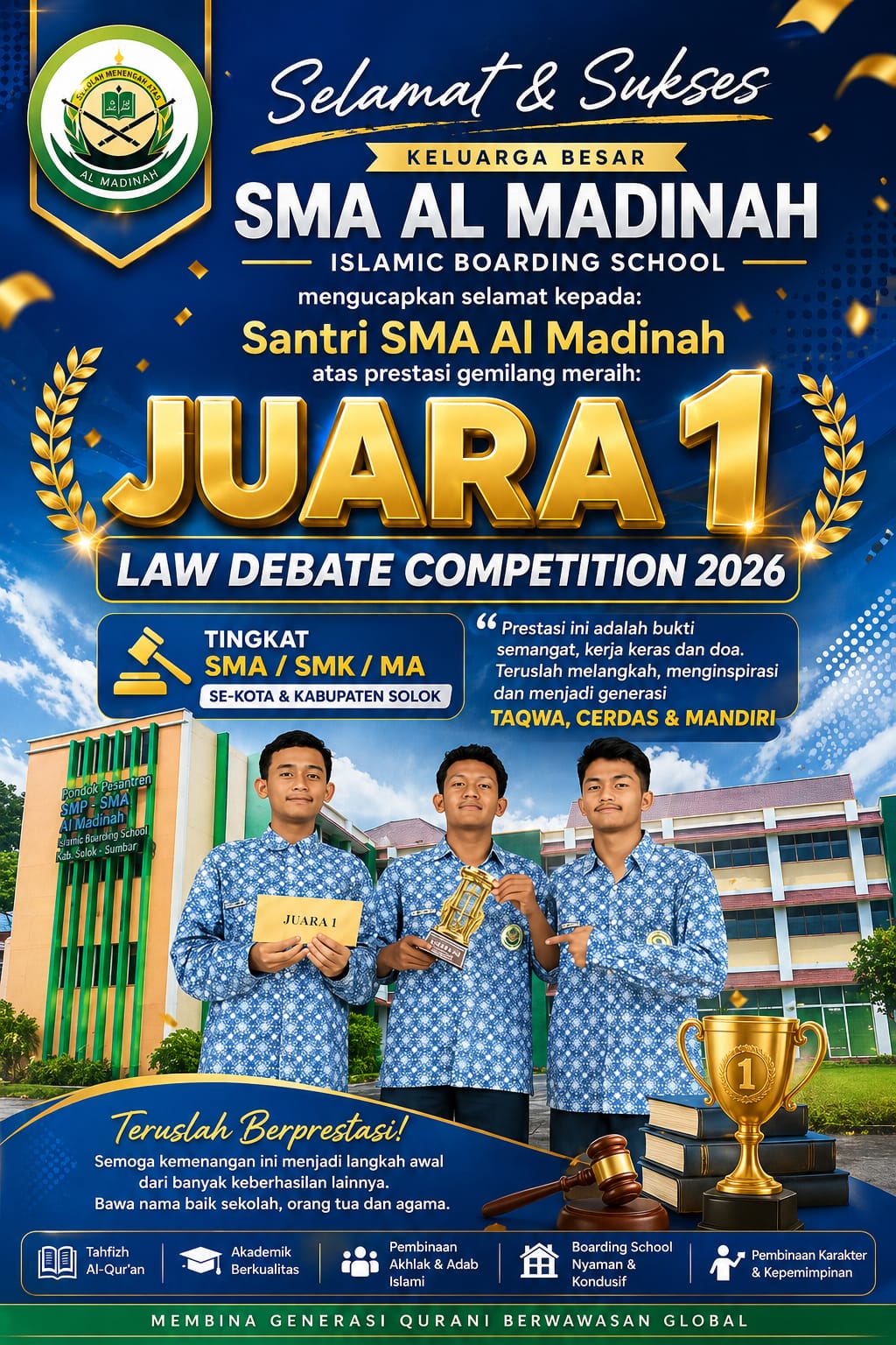SMAS Al Madinah Talang Raih Juara 1 Law Debate Competition 2026 UMMY Solok